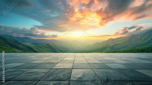 Fototapeta Empty square floor and green mountain with sky clouds at sunset. Panoramic view