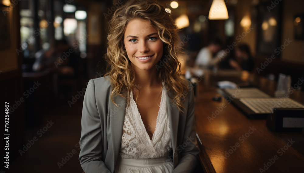 Smiling young woman in casual clothing, looking confident generated by AI