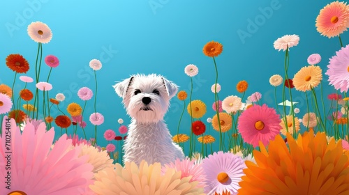 White Dog Standing in Field of Flowers