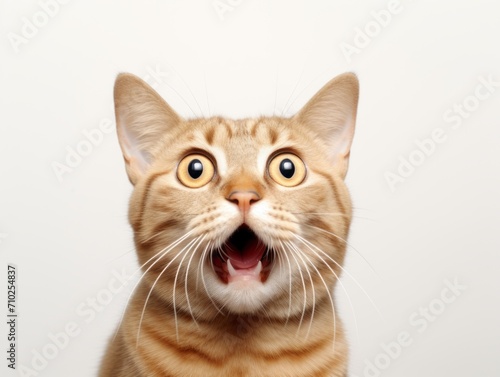 Surprised Cat With a Startled Expression on Its Face. Kitten that has a mouth open. Humor meme. White background. © keystoker