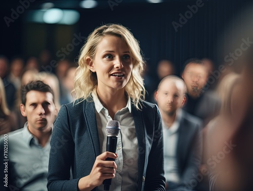 Confident Question: Seminar Attendee with Microphone,Engaged Seminar Participant © AKKA