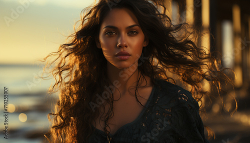 Young woman with long brown curly hair, looking at camera generated by AI © Jeronimo Ramos