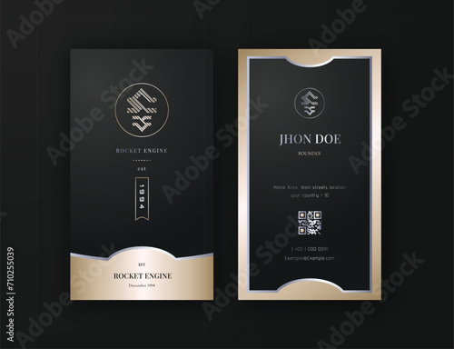 Modern Fusion, Editable Vertical Business Card template with the Beauty of Black and the Power of Gold