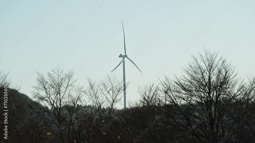 Single wind turbine stands behind leafless trees under a clear sky, a symbol of renewable energy amidst nature Single wind turbine stands behind leafless trees under a clear sky, a symbol of renewable energy amidst nature