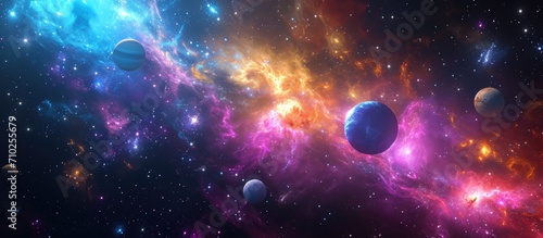 Computer generated illustration of the universe  with planets  stars  and galaxies  set against a colorful cosmos background--a dark banner wallpaper.