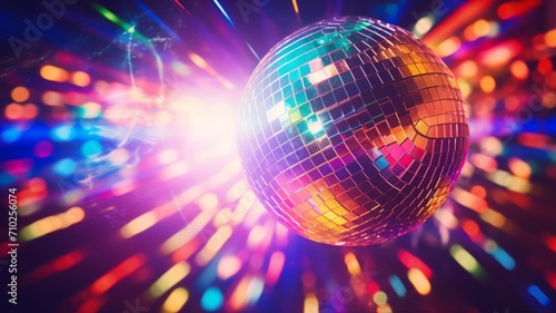 Vibrant nightclub scene with a glowing disco ball  colorful lights  and dancing crowd.