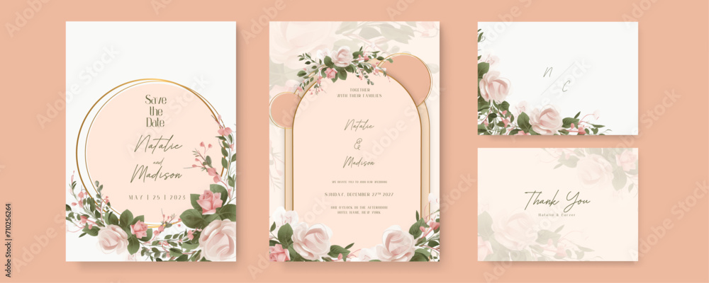 Beige and pink rose elegant wedding invitation card template with watercolor floral and leaves