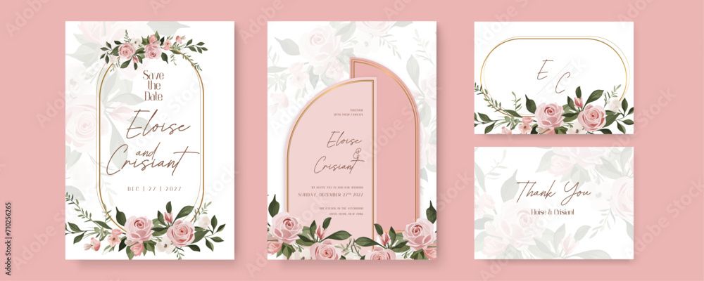Pink rose wreath background invitation template with flora and flower Pink rose wreath background invitation template with flora and flower