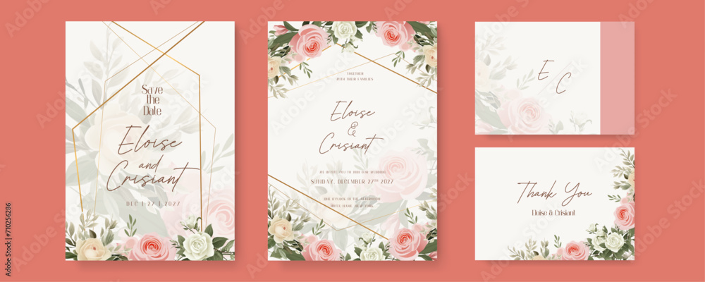 Pink white and green rose set of wedding invitation template with shapes and flower floral border