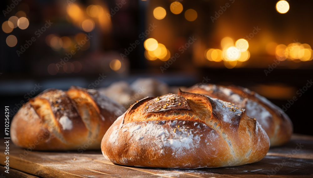 Freshly baked bread on wooden table, a gourmet meal generated by AI Freshly baked bread on wooden table, a gourmet meal generated by AI