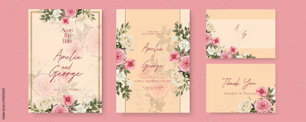 Pink poppy and rose artistic wedding invitation card template set with flower decorations