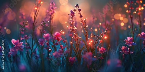 Wildflowers aglow in enchanting illumination, resembling a scene from a fantasy world. 