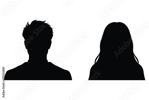 A vector illustration depicting male and female face silhouettes or icons, serving as avatars or profiles for unknown or anonymous individuals. The illustration portrays a man and a woman portrait. #710256801