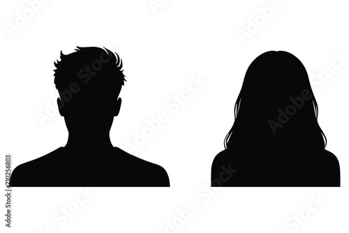 A vector illustration depicting male and female face silhouettes or icons, serving as avatars or profiles for unknown or anonymous individuals. The illustration portrays a man and a woman portrait.
