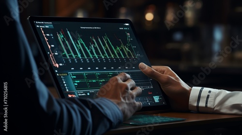 A close-up of a trader's hands working on a high-tech tablet, executing precise trades with a swipe.