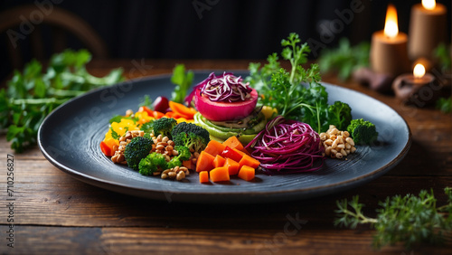 a delightful vegetarian dining experience with a beautifully arranged plate featuring vibrant, colorful vegetables and plant based protein on a dark wooden table in a cozy restaurant setting