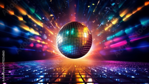 Vibrant nightclub scene with a glowing disco ball, colorful lights, and dancing crowd.
