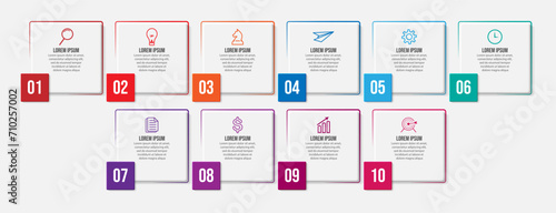 Simple business infographic with 10 parts or steps, containing icons, text, numbers. Can be used for presentation banners, workflow layouts, process diagrams, flow charts, infographics, your business 