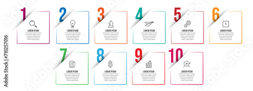 Simple business infographic with 10 parts or steps, containing icons, text, numbers. Can be used for presentation banners, workflow layouts, process diagrams, flow charts, infographics, your business 