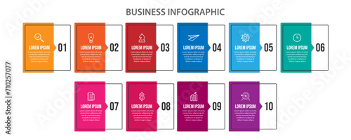 Simple business infographic with 10 parts or steps, containing icons, text, numbers. Can be used for presentation banners, workflow layouts, process diagrams, flow charts, infographics, your business 