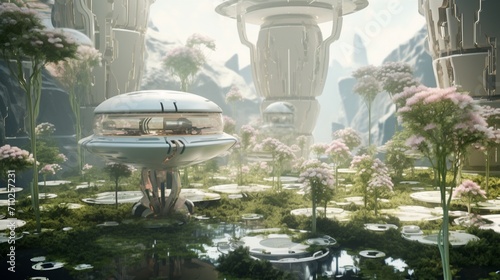 A futuristic garden with self-watering plants and drones pollinating flowers with precision.