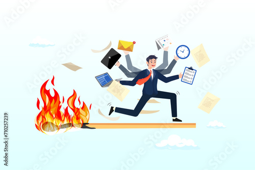Productive businessman on burning matchstick, toxic productivity, panic or burnout employee, overworked to finish work within timeline, hurry to complete multitasking or urgent work schedule (Vector)