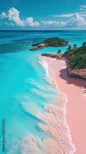 a pink sand beach and palm trees