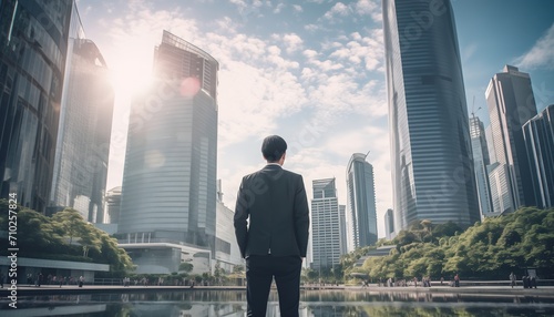 entrepreneurs stand in front of tall buildings and look forward to the future