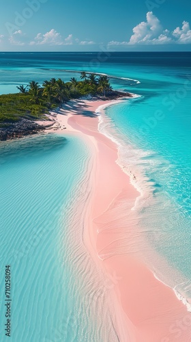 a pink sand beach and palm trees
