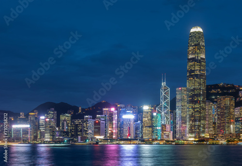 Photography Night scenery of Victoria harbor of Hong Kong city