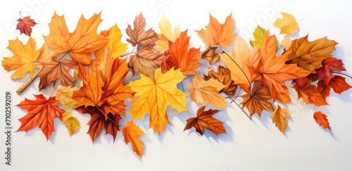 a variety of autumn leaves scattered on a white background