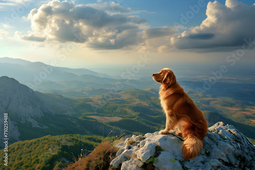 Golden Retriever Dog Sitting on the Edge of a Mountain