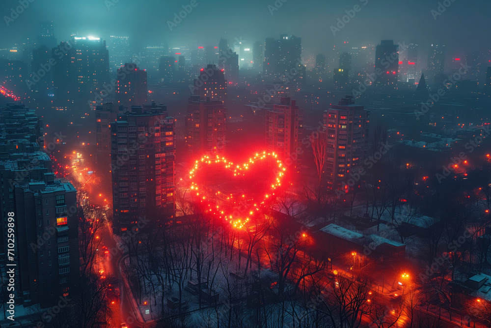 Fototapeta premium A city with lights in the shape of a heart On Valentine's Day