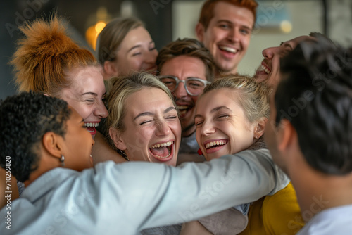 teamwork and achievement by framing the employees in a group hug or forming a human pyramid