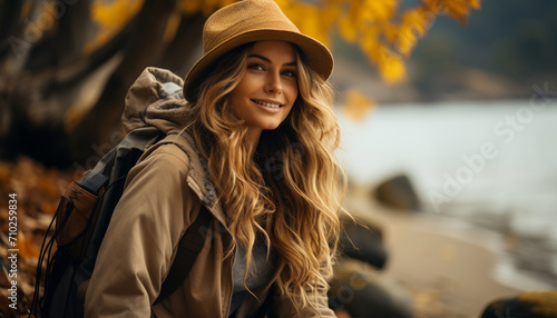 Smiling woman in autumn, enjoying nature beauty generated by AI © Jemastock