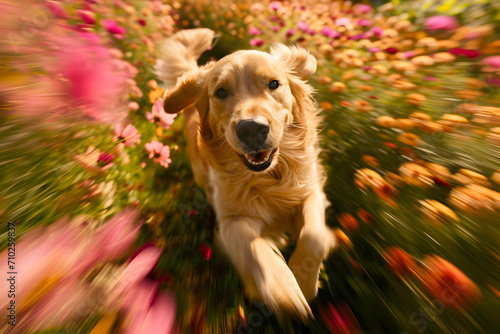 Golden Retriever Running Through a Field of Flowers with speed line taken with slow speed shutter