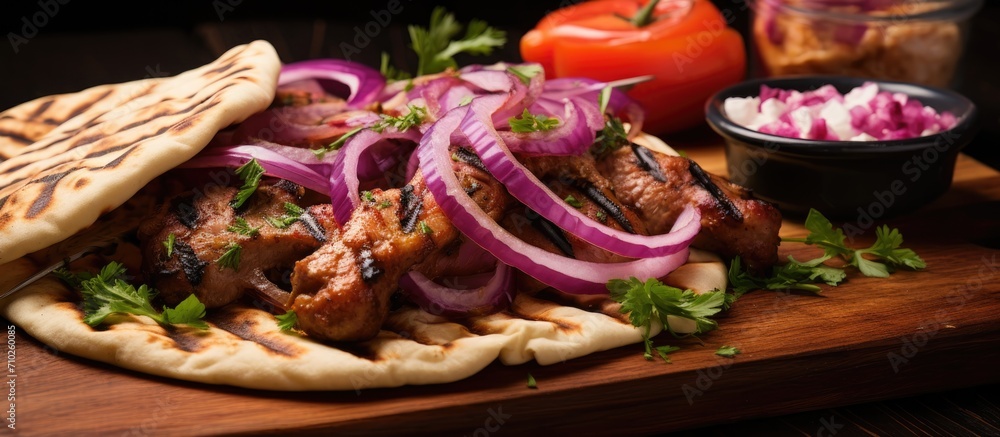 Close-up view of kebabs with red onion, sauce, and pita bread on wooden board on table.