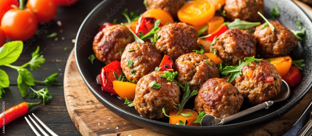 Meatballs with veggies and utensils Meatballs with veggies and utensils