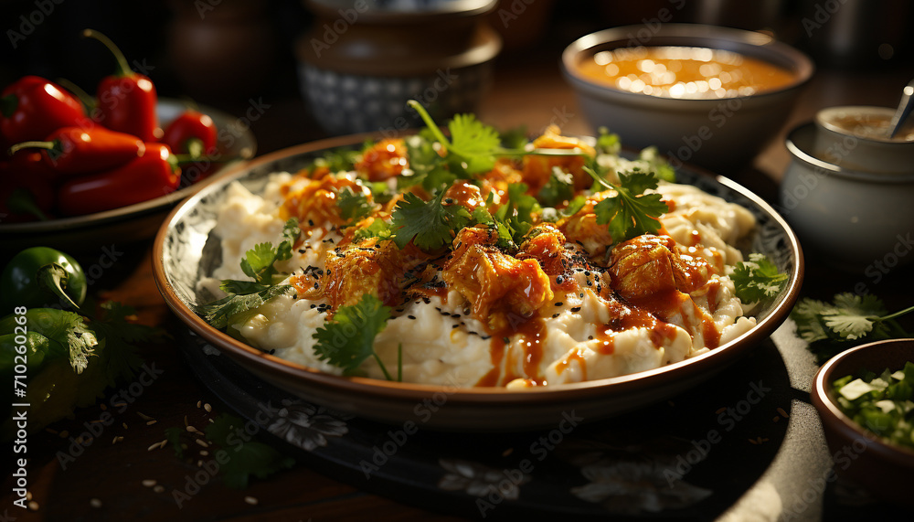 Freshness and heat enhance the gourmet meal on the wooden plate generated by AI Freshness and heat enhance the gourmet meal on the wooden plate generated by AI