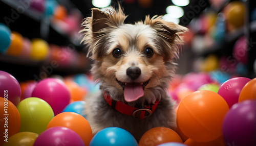 Cute puppy sitting, playing with toy at birthday party generated by AI