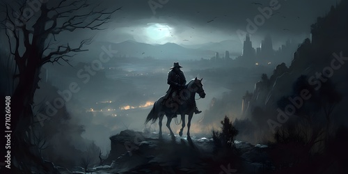 night scene with a gothic and gloomy atmosphere under a sky dominated by a bright full moon. On the top of a hill a lone rider