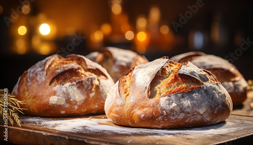 Freshly baked bread on wooden table, homemade goodness generated by AI