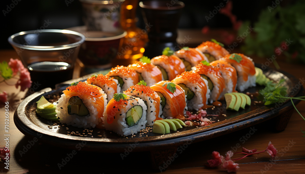 Fresh seafood on plate, close up of healthy sushi meal generated by AI Fresh seafood on plate, close up of healthy sushi meal generated by AI