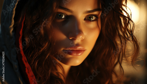 A young woman with long brown hair looking at the camera generated by AI