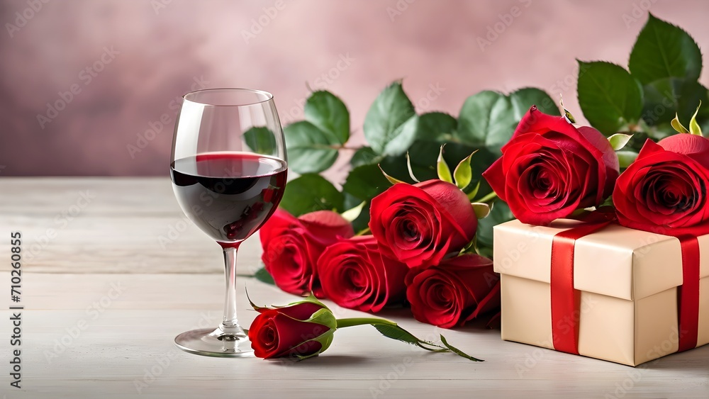 Romantic Dinner. Bouquet of flowers lying on the table, selective focus on bunch of roses, glasses of wine, gift box on the wooden desk. Date concept, blurred background, banner, copy space Romantic Dinner. Bouquet of flowers lying on the table, selective focus on bunch of roses, glasses of wine, gift box on the wooden desk. Date concept, blurred background, banner, copy space