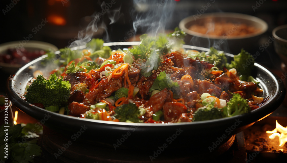 Grilled meat and vegetables on a plate, healthy and delicious generated by AI Grilled meat and vegetables on a plate, healthy and delicious generated by AI