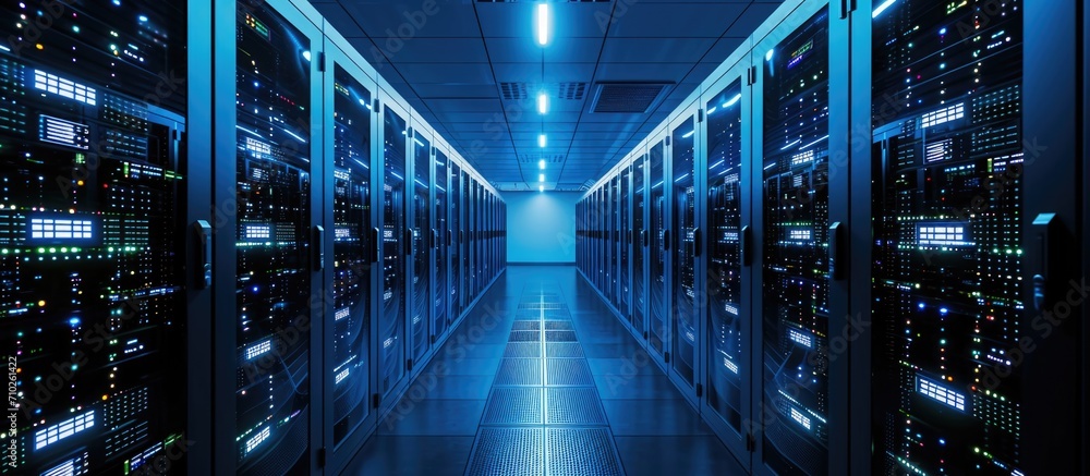 Foto de Corridor in active data center with rack servers and ...