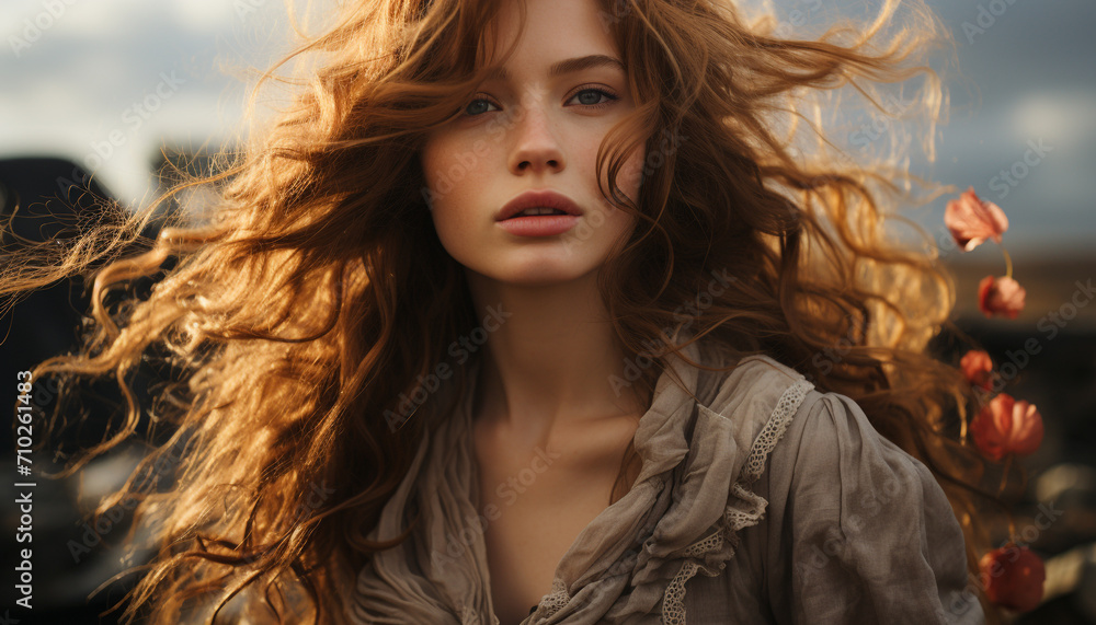 Young woman with long brown hair, looking at camera outdoors generated by AI