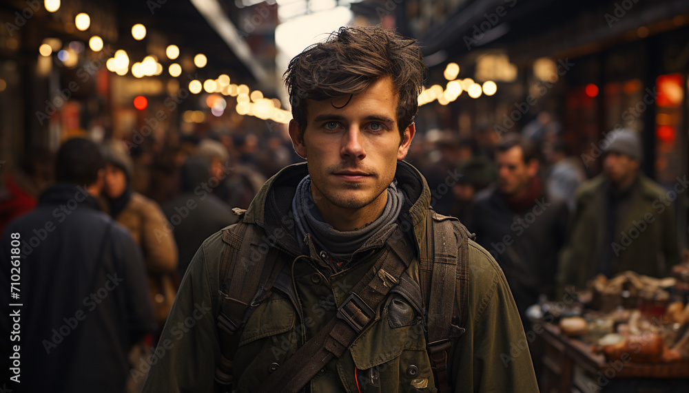 Confident man walking in illuminated city at night generated by AI Confident man walking in illuminated city at night generated by AI