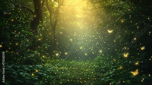 Enchanted forest clearing with fireflies and magical creatures celebrating with fairy dust